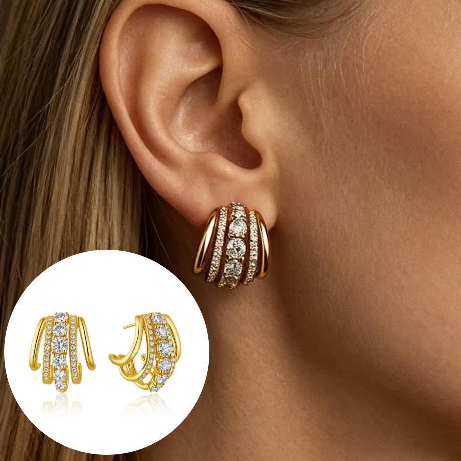 Schicke C-förmige Zirkonia-Ohrringe für Damen, modisches Messing-Design mit echter Goldplattierung.