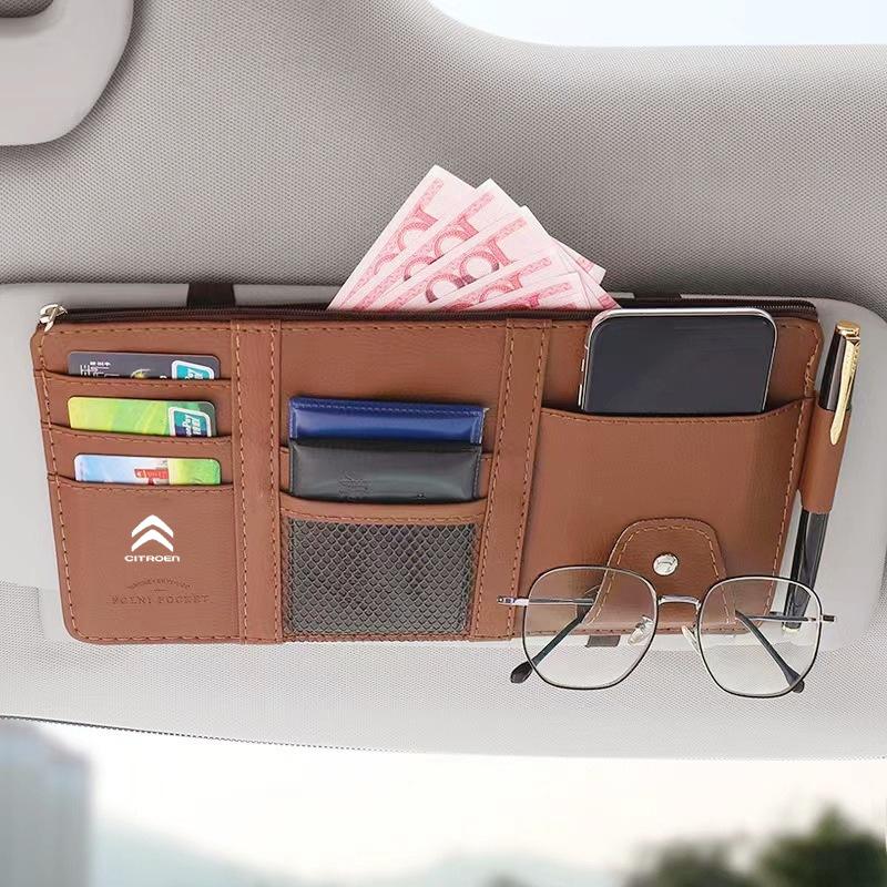 Car Sun Visor Storage Bag PU Leather Multi-Pocket Car Glasses Clip Card Holder Storage Pocket for Citroen C4 C3-XR C5 Aircross
