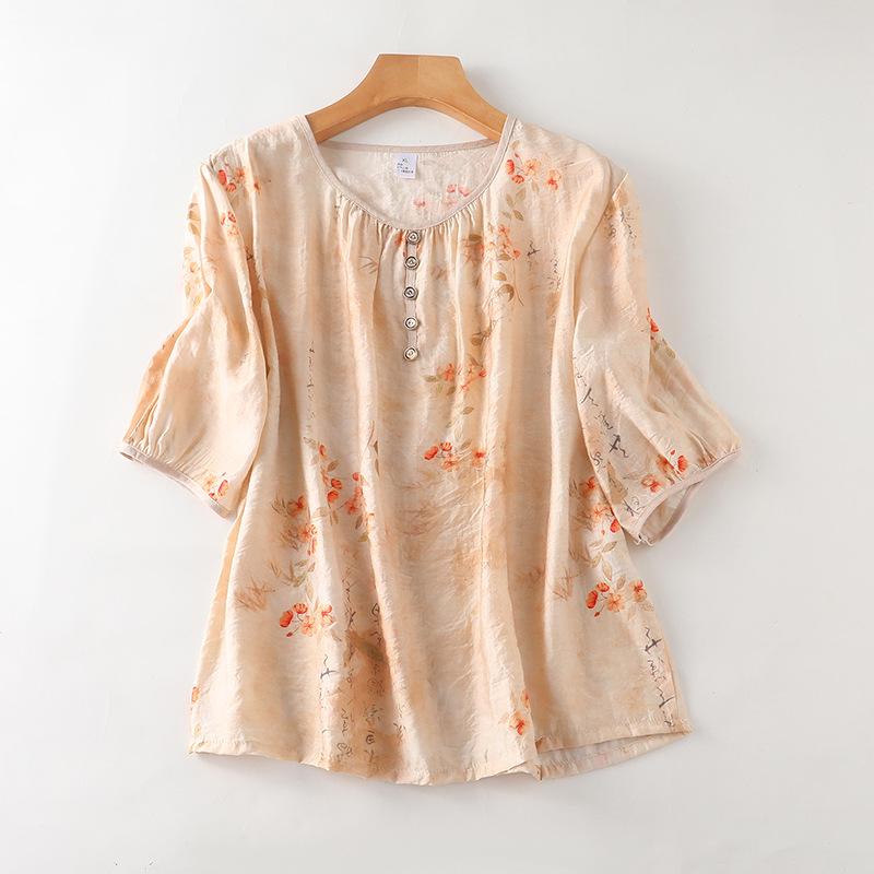 Chinese Style Tencel Cotton Short-Sleeved Top: Soft, Comfortable, and Breathable Pajamas for Middle-Aged and Elderly Women