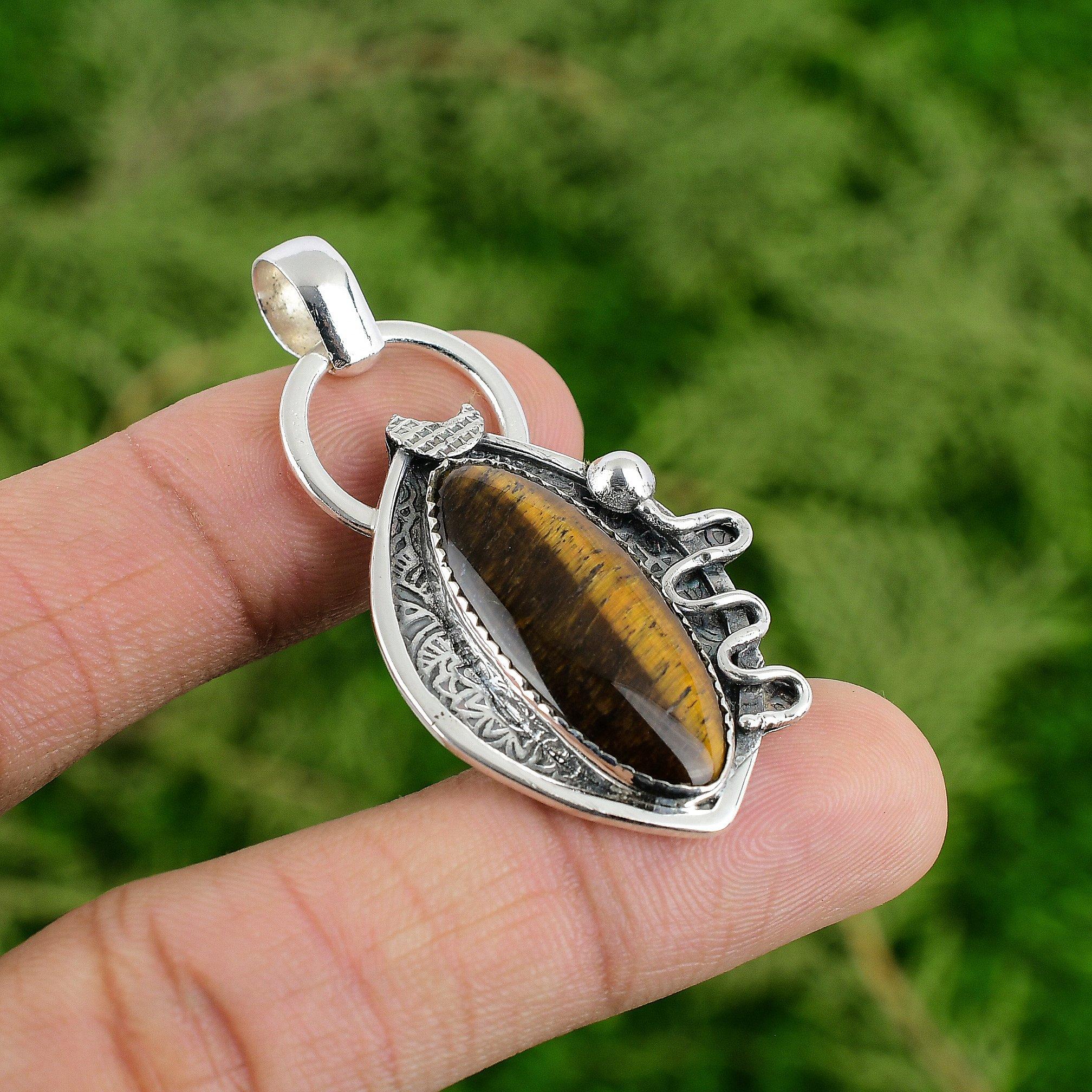 

925 Sterling Silver Natural Tigers Eye Ethnic Art Deco Artisan Mother Pendant