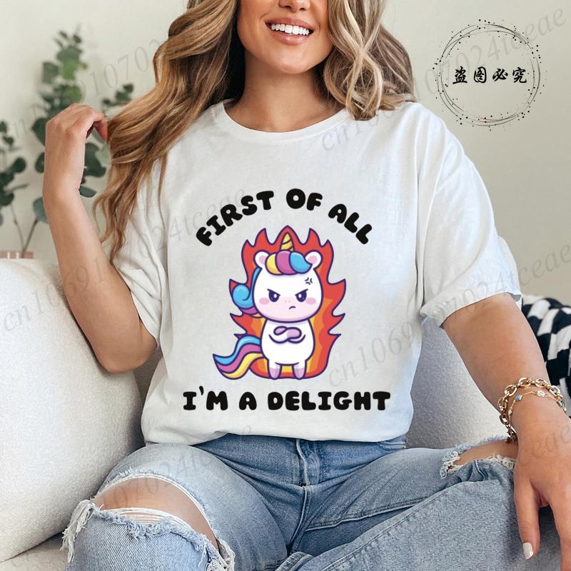 Funny Unicorn Women Summer T-Shirt First of All I'm A Delight Graphic T Shirt for Women Fashion Casual Sarcastic Tee Shirts Tops