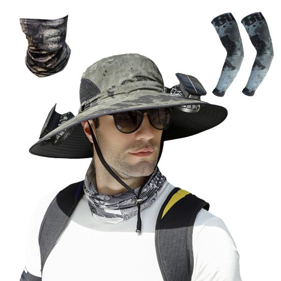 1 Set Solar Fan Hat with Arm Sleeves Neck Gaiter UV Protection USB Rechargeable Foldable Men Women Outdoor Fishing Hiking Cooling Fan Sun Hat