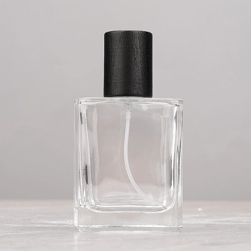 Transparent Glass Perfume Bottle with Beech Wood Lid - Portable Square Spray Decanter