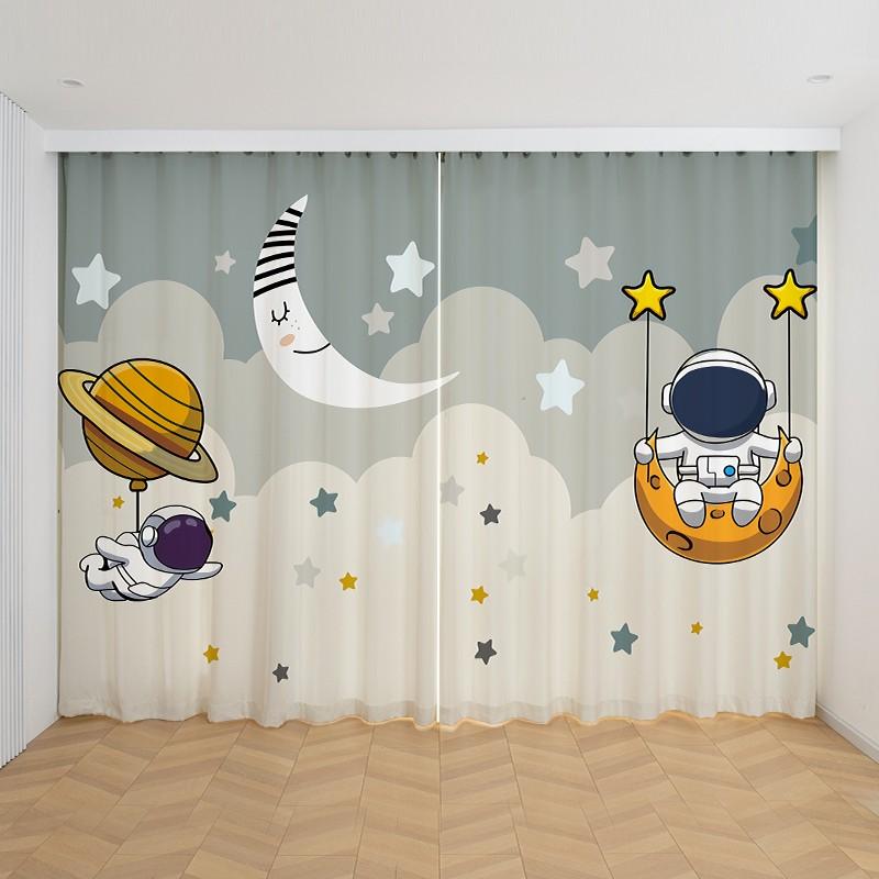 2 szt. Niestandardowe Kreskówkowe Zasłony z Motywem Kosmosu, Rakiety Kosmicznej dla Dziecięcej Sypialni, Salonu, Dekoracji Okiennych, Zasłony Kuchenne