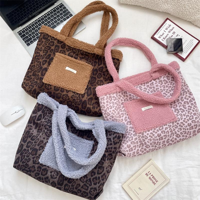 Vintage Leopard Print Plush Stitching Women's Shoulder Bags Large Capacity Female Tote Bag Casual Versatile Ladies Handbag