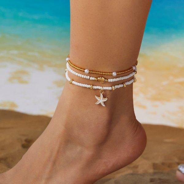 Vintage Gold Color Double Layer Anklet for Women Star Pearl Starfish Zircon Pineapple Anklets Bracelets Foot Chain Beach Jewelry
