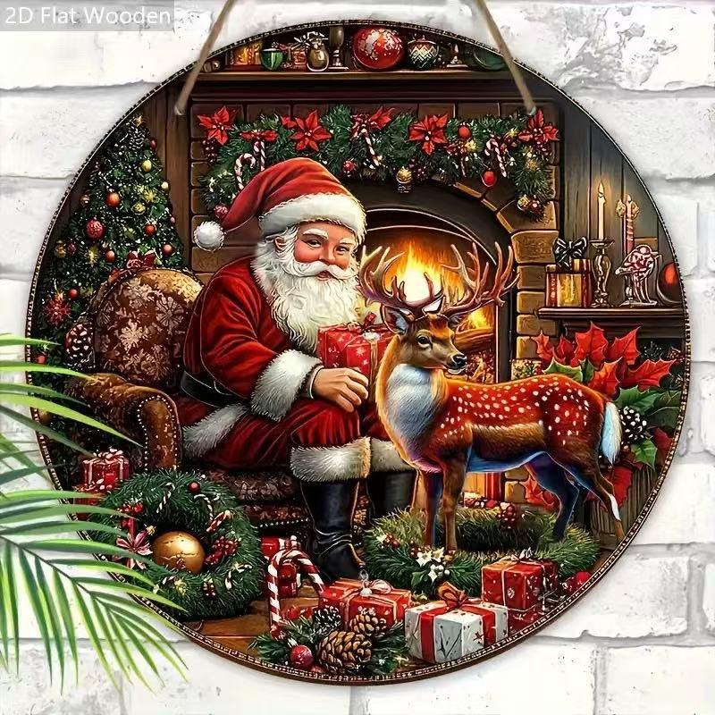 Santa Claus Christmas Wreath Wooden Hanging Sign for Wall, Door, or Window Décor