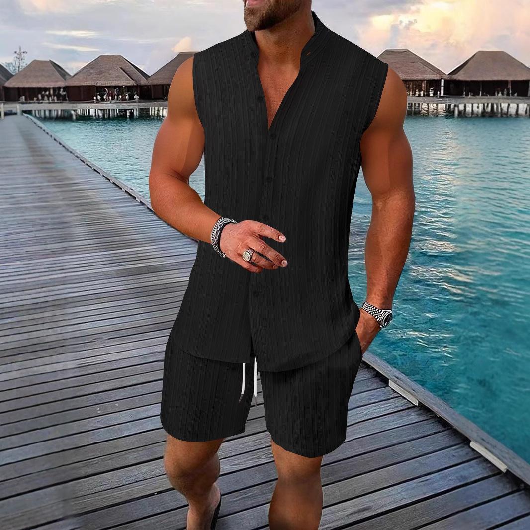 

Новый летний мужской жилет, повседневный свободный комплект шорт без рукавов XXL чёрный