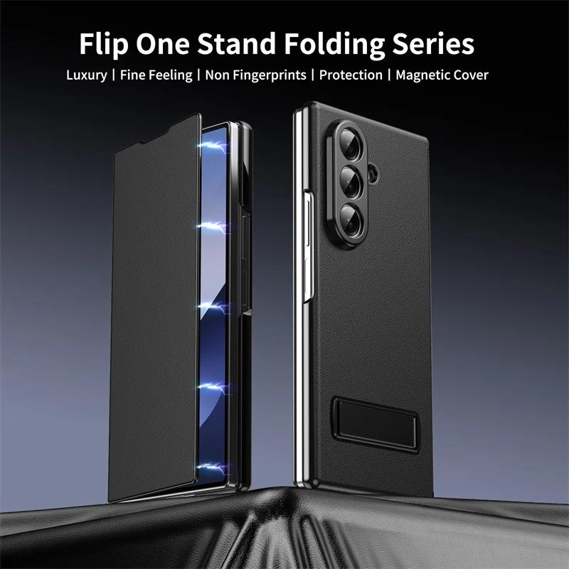 

Высококачественный складной текстурный чехол-книжка для телефона Samsung Galaxy Z Fold 7 6 5 4 3 с магнитной фиксацией и защитной крышкой для объектива Galaxy Z Fold5 чёрный