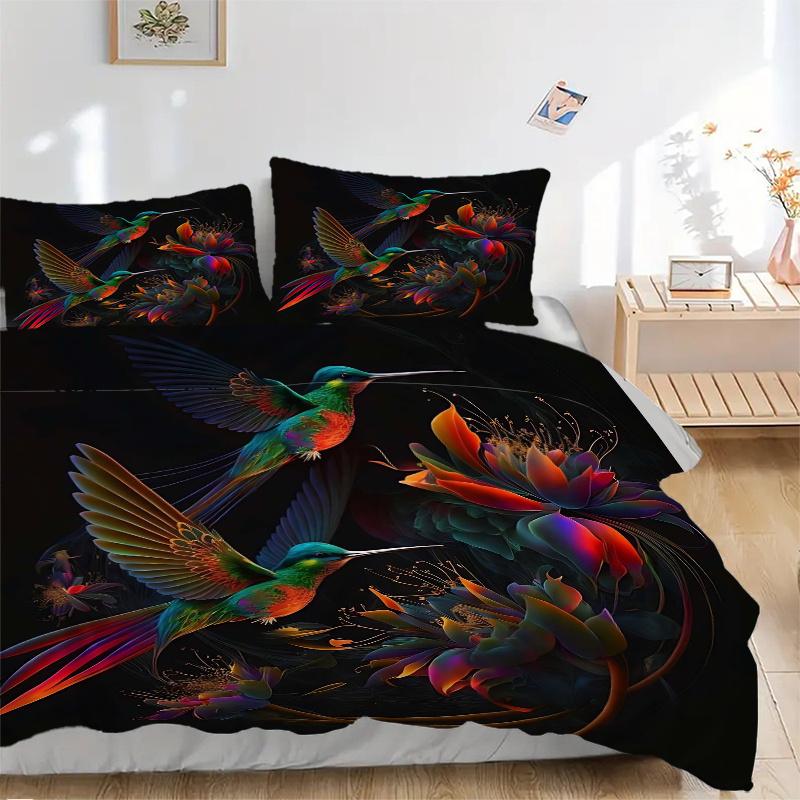 3pcs Colorful Hummingbirds in Flight Printed Bedding Set, Soft and Comfortable Quilt Cover for Bedroom, Guest Room