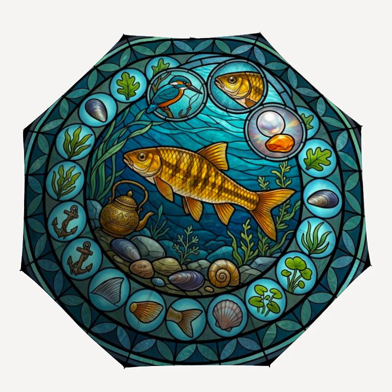 Marine Life Glass pattern umbrella, portable and foldable design, 8 ribs, a casual accessory for Halloween, Christmas, and birthday gifts.