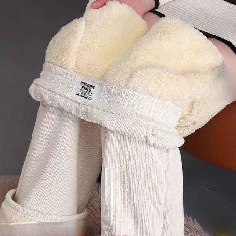 Chenille Flare Pants Women Winter Fleece Pants High Waist Wide Leg Casual Straight Cut Mom Extra Thick Sherpa Women Trousers
