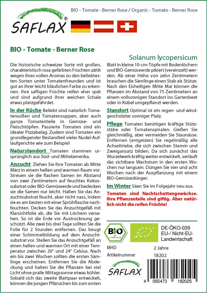 SAFLAX Garden In the Bag - Organic - Tomato - Berner Rose - 10 Seeds - With Substrate In a Fitting Stand Up Bag - Solanum Lycopersicum