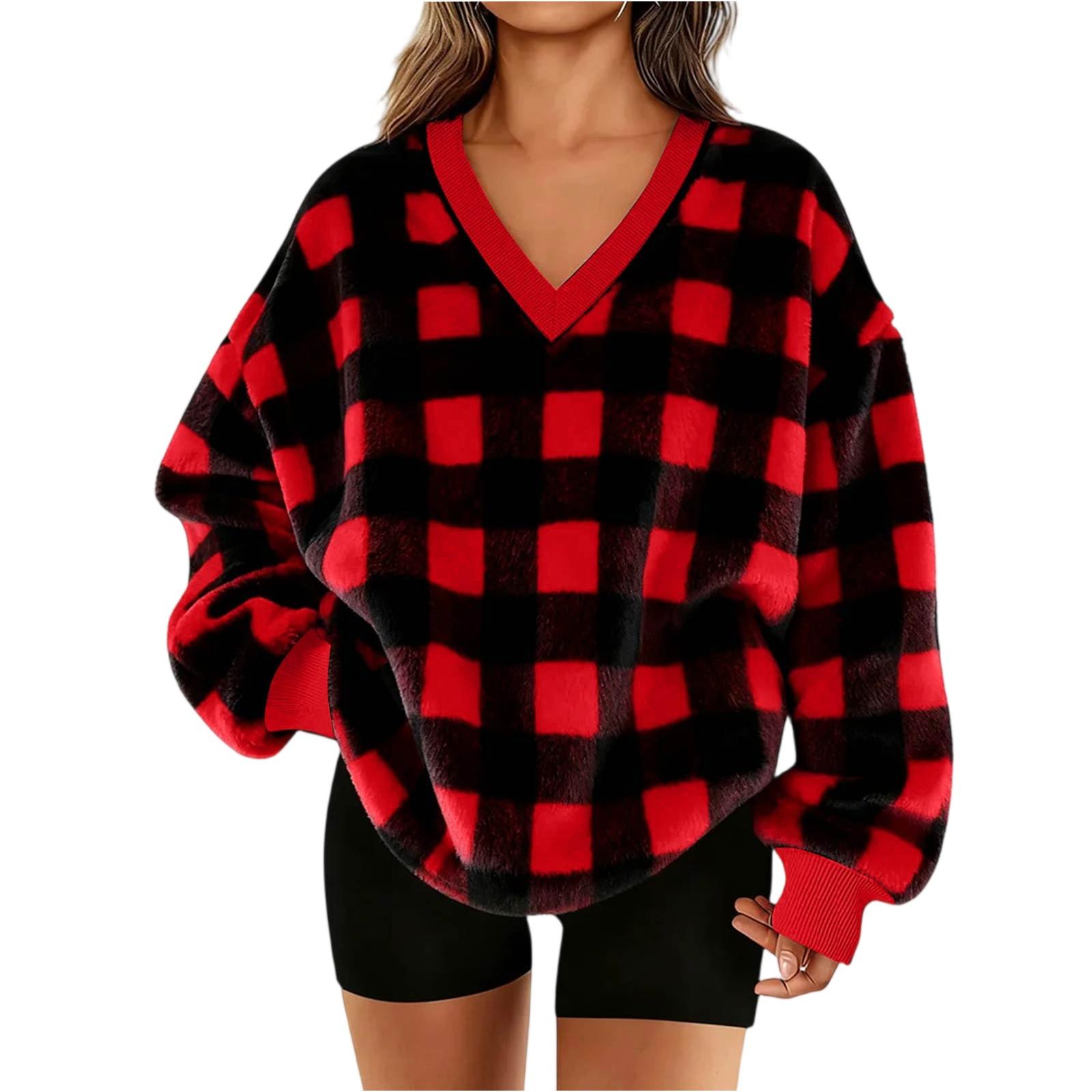 

Женский свитшот с V-образным вырезом, плюшевый, в клетку, повседневный, модный, с длинным рукавом, с карманами, пуловер L винный