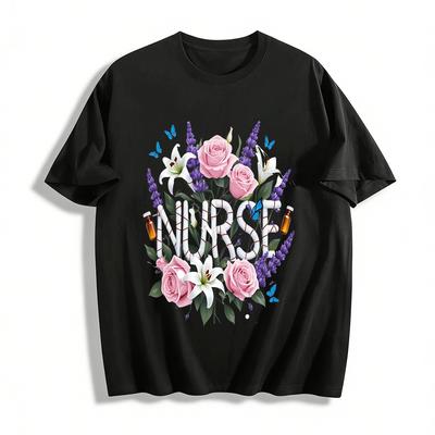 Floral Print Nurse Themed Casual Top For Medical Workers Pure Cotton T-shirt