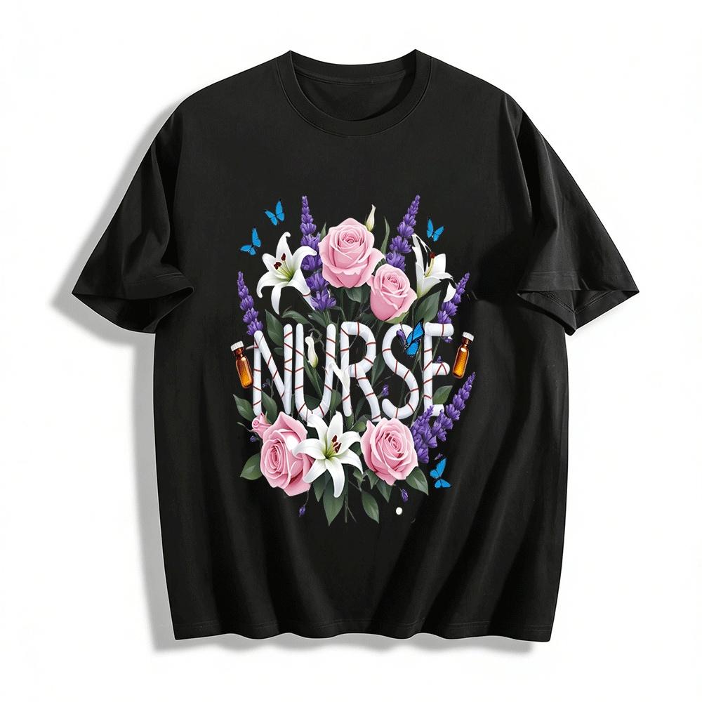 Floral Print Nurse Themed Casual Top For Medical Workers Pure cotton T-shirt XXS