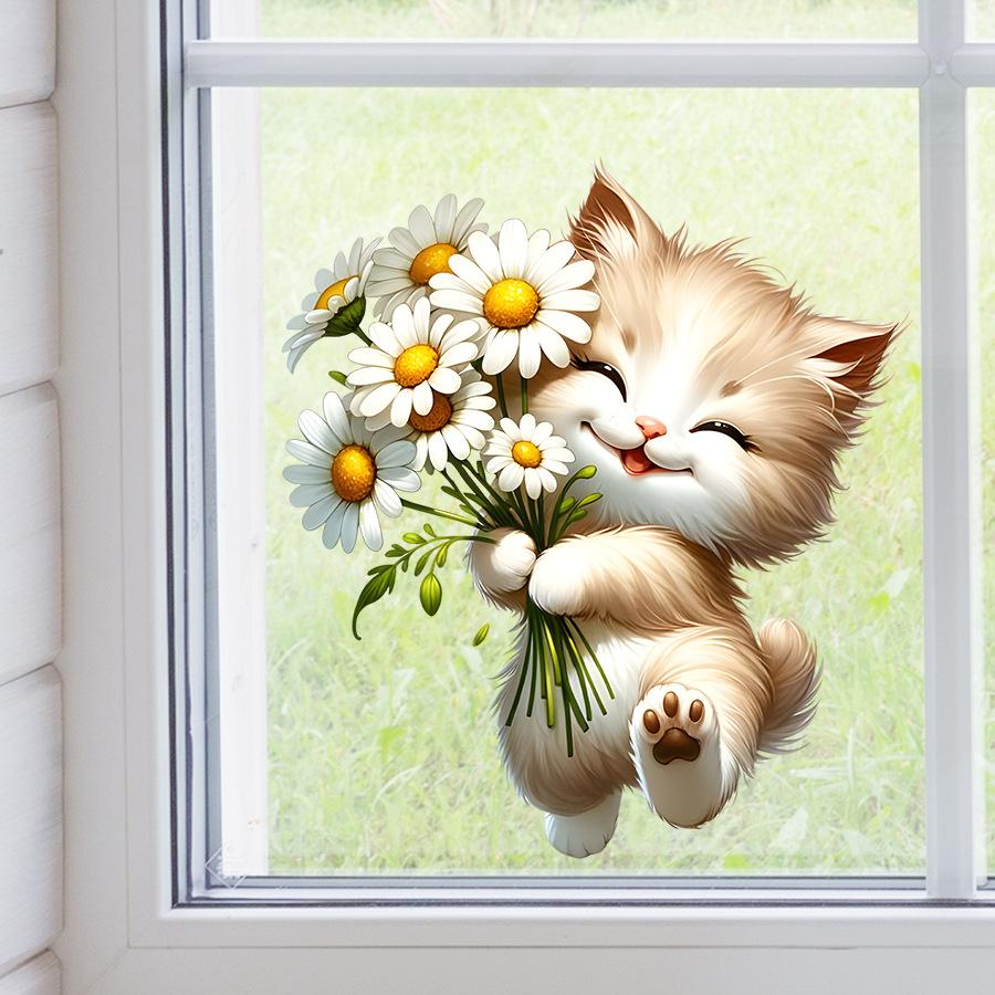Cute Cartoon Fresh Cat Holding Flowers Window Stickers, Self-Adhesive Double-Sided Visible Decor for Bedroom Dorm Room Study Room Decoration