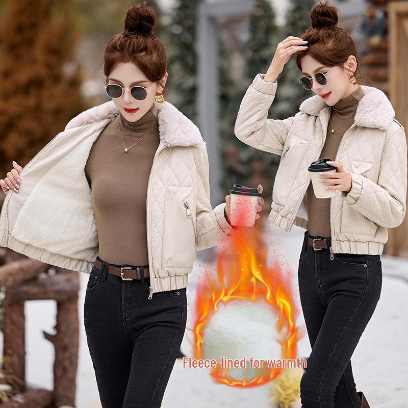 Women's Winter Korean Style PU Leather Coat with Fleece Lining and Fur Collar