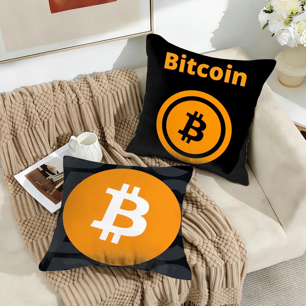 Housse de coussin Bitcoin Cryptomonnaie Btc Peluche Courte Soie Fermeture Éclair Invisible Anti-poussière Housse de Coussin de Canapé Pour Décoration Intérieure