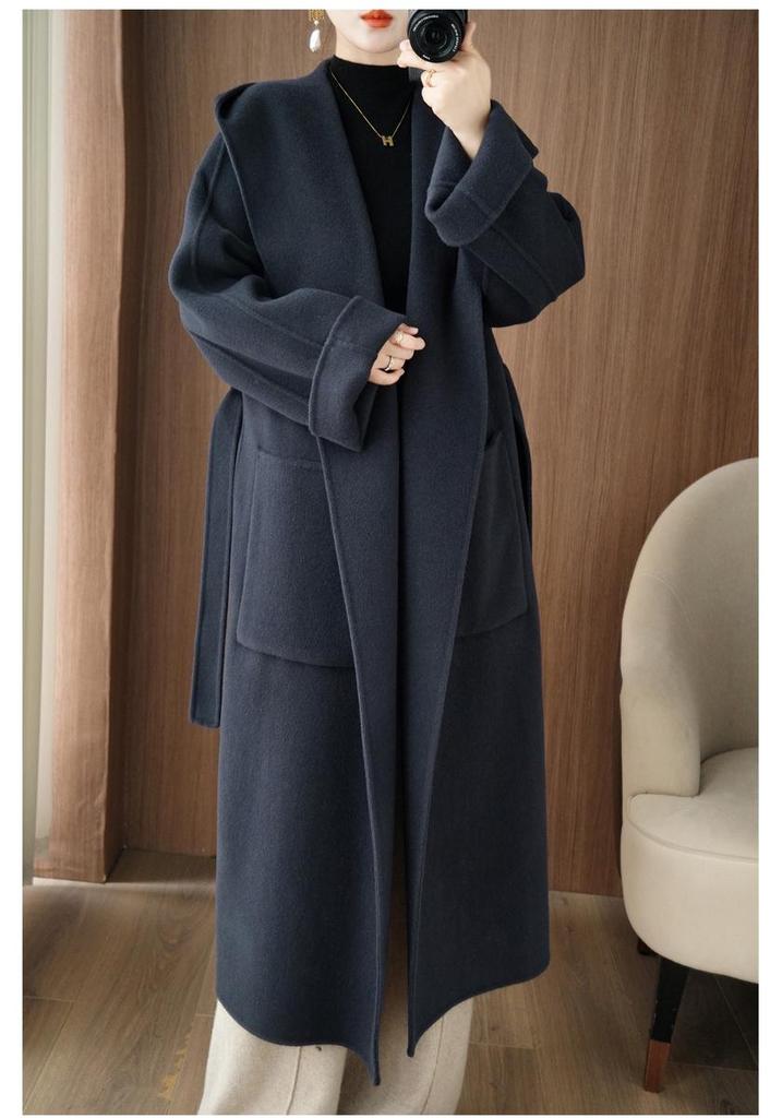 Women's Mid-Length Double-Faced Wool Coat with Tie-Up Hood - Autumn/Winter Style, Loose Silhouette, Pure Wool