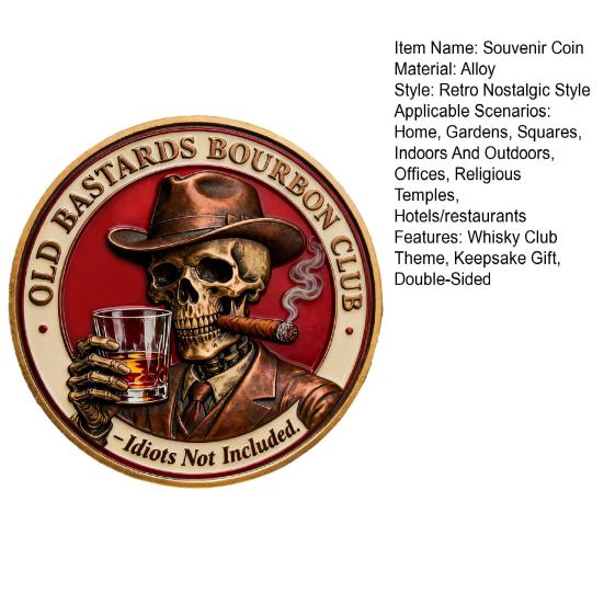 Kolekcjonerska moneta Old Bastards Bourbon Club Dwustronna Vintage Czaszka Pamiątkowa Moneta Klubu Whisky Pamiątka dla Kolekcjonerów Żeton Upominkowy