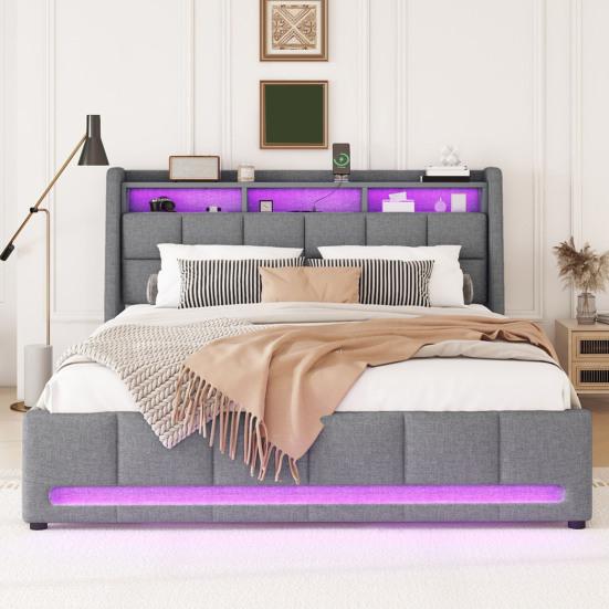Upholstered Bed, 140 X 200cm, No Mattress, App-Controlled LED Light, Bed with Drawers Featuring Power Outlets and USB Ports, Built-In Storage