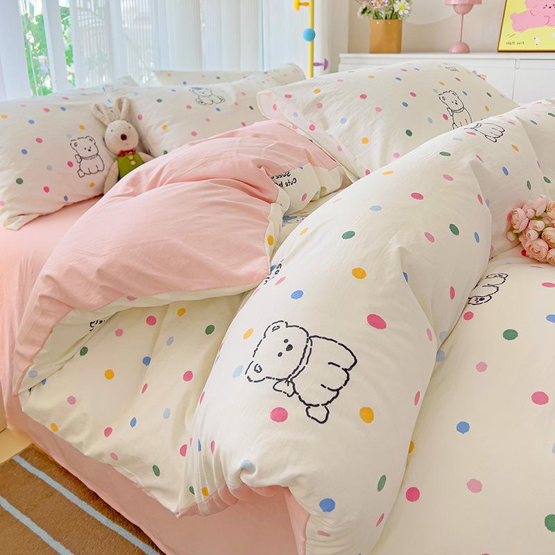 Small Fresh Mattress Quilt Cover Class A Maternal And Infant Grade Cartoon Dormitory Bed Sheet Three-Piece Set Super Soft Washed Cotton 4Pcs Set
