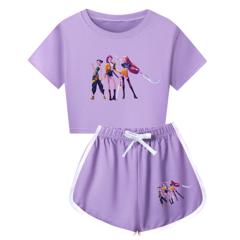 Set Pigiama a Maniche Corte con Pantaloncini Stampa Demon Hunters Kpop per Bambino in Misto Poliestere Cotone per Pigiami di Famiglia