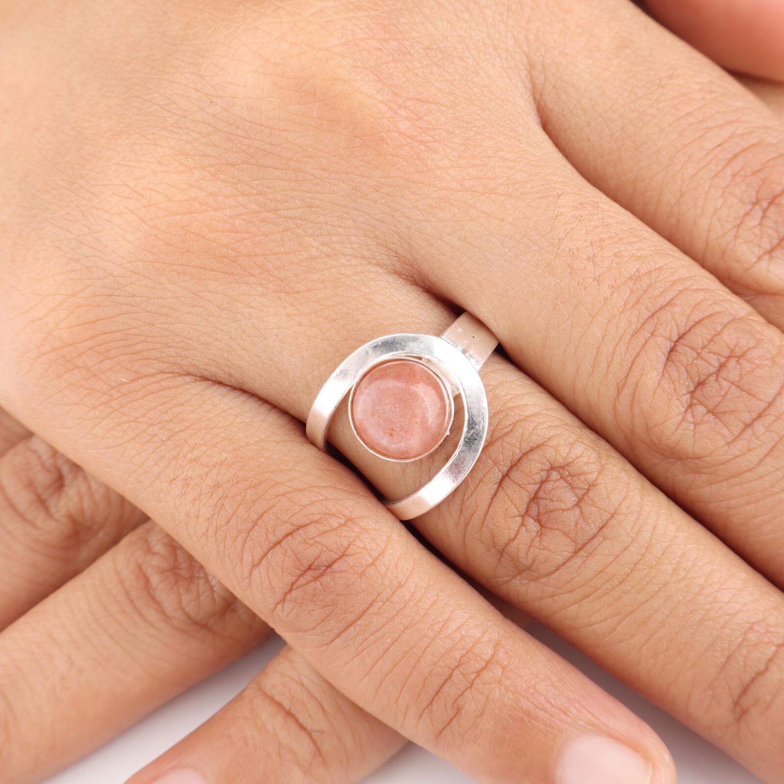 

Натуральный персиковый лунный камень, драгоценный камень, серебро 925 пробы, бохо украшения, кольцо ручной работы RR-68-30 6