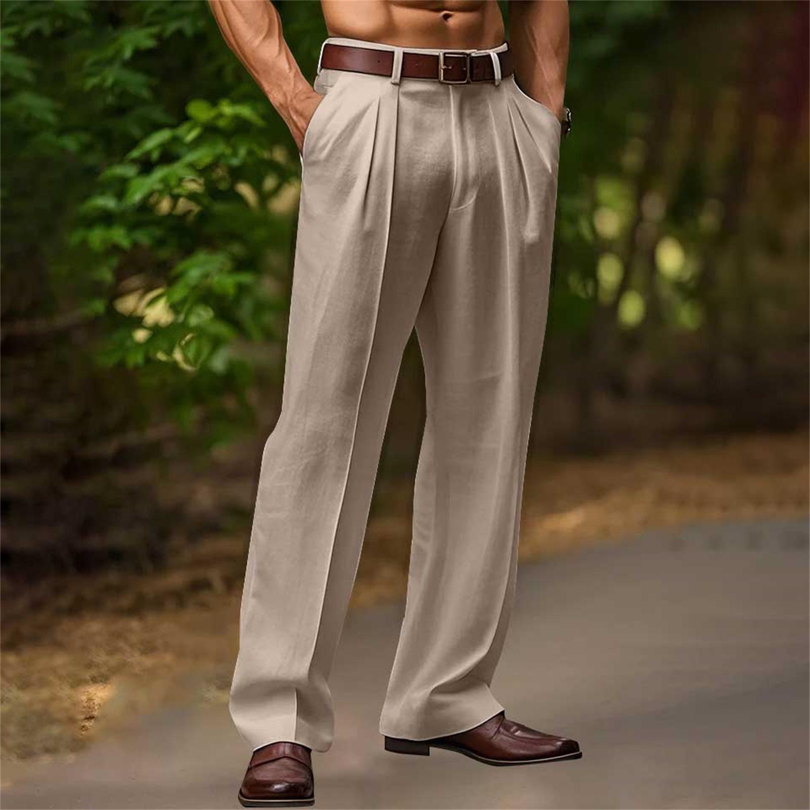 

Men s New Style Slanted-Insert Pocket Double-Pleated Linen Solid-Colour Outdoor Casual Breathable Relaxed Straight-Leg Trousers XXXL