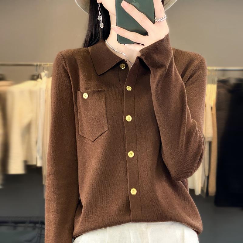 Autumn New Polo Neck Sweater Cardigan Button Niche Design Outside Wear Long Sleeve Knitted Bottom Top