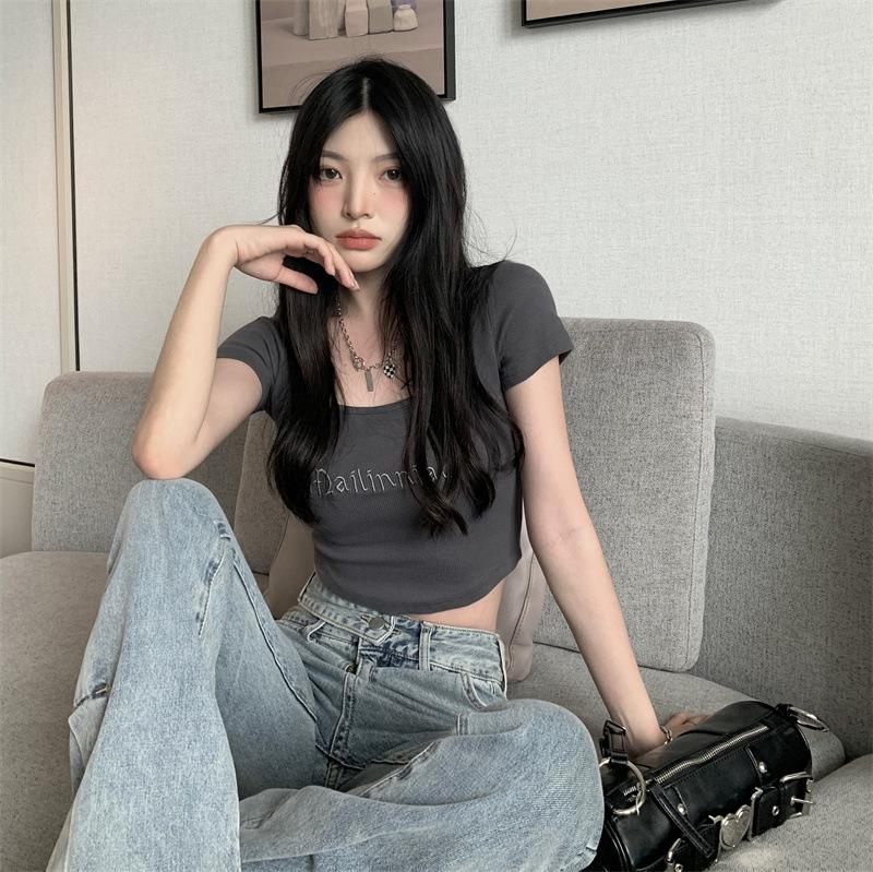 Square Collar Summer Short Sleeve Slim Fit Sexy Women Letter Printed Crop Top T Shirt