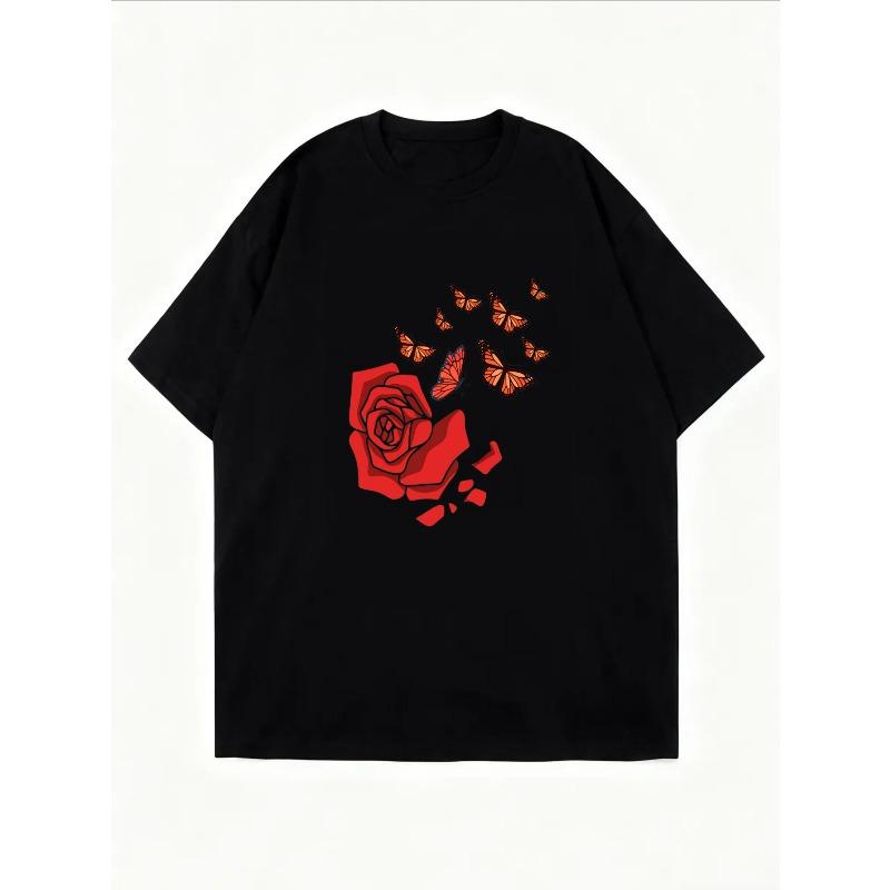 White T Shirt With Red Rose And Butterflies Print For Casual Wear
