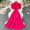 British style celebrity high-end temperament suit collar stack sleeve dress women's spring and autumn metal buckle waist medium and long dress