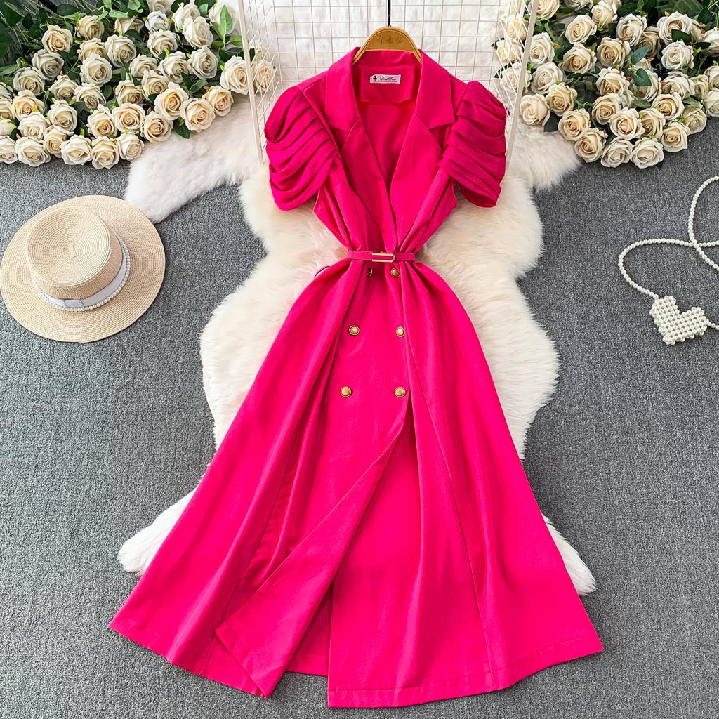 British style celebrity high-end temperament suit collar stack sleeve dress women's spring and autumn metal buckle waist medium and long dress