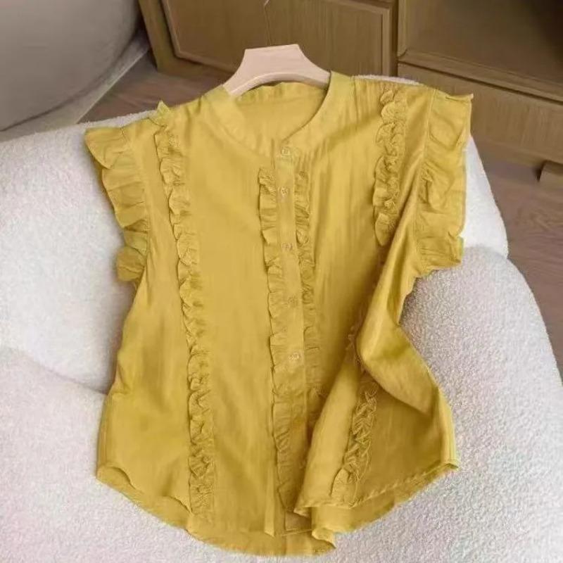 Women Light Blue Ruffle Trim Sleeveless V Neck Button Up Blouse M