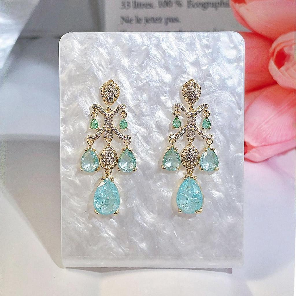 CMM Retro Water Drop Light Blue Ice Flower Zircon Chandelier Tassel Temperament All-Match Elegant Golden Dangle Earrings