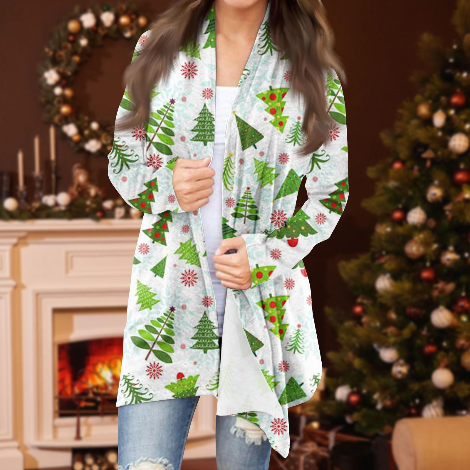 

Женская модная повседневная куртка-кардиган средней длины с рождественским принтом S зелёный