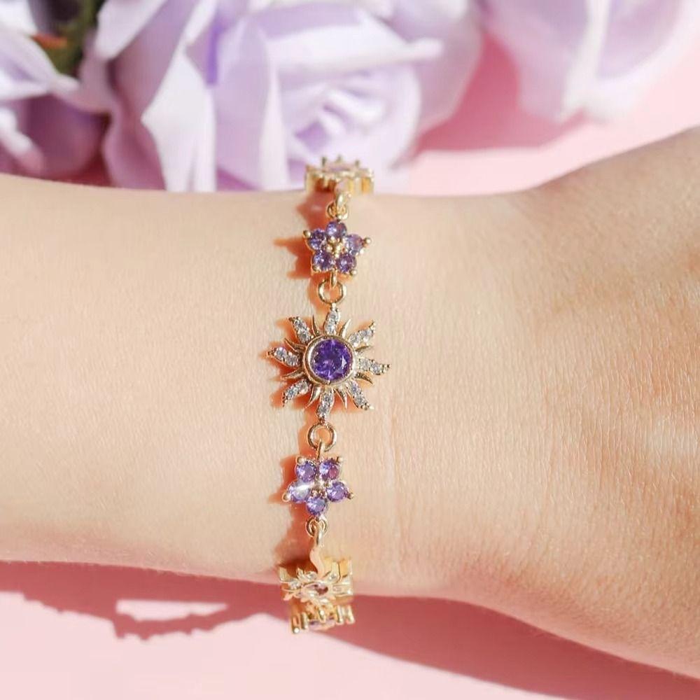 Luxury Sunflower Bracelet Exquisite Crystal Pink Cubic Zirconia Chain Sparkling Fashion Shiny Rhinestone Bangle Jewelry Gifts