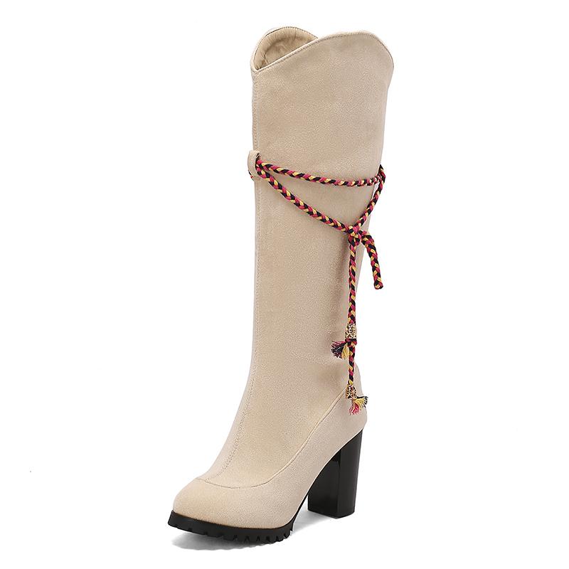 Plus Oversize 47 48 49 Autumn Winter Flock Ankle Booties Women Round Toe Platform Braided Rope High Heels Zipper Knee High Boots