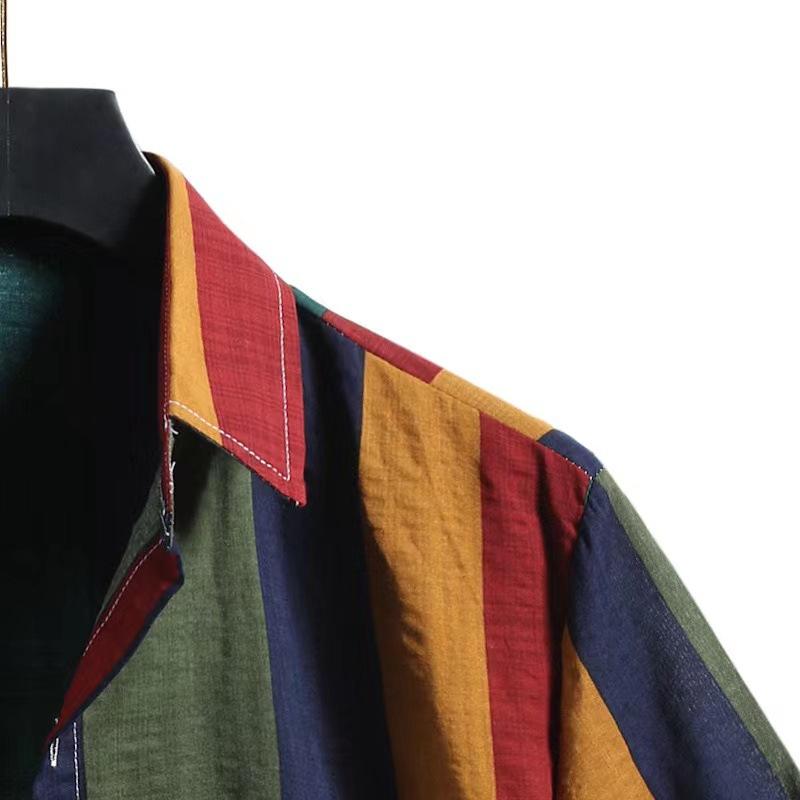 Men's Summer New Striped Casual Shirt Flip Collar Short Sleeve Colorful Striped Men's Shirt