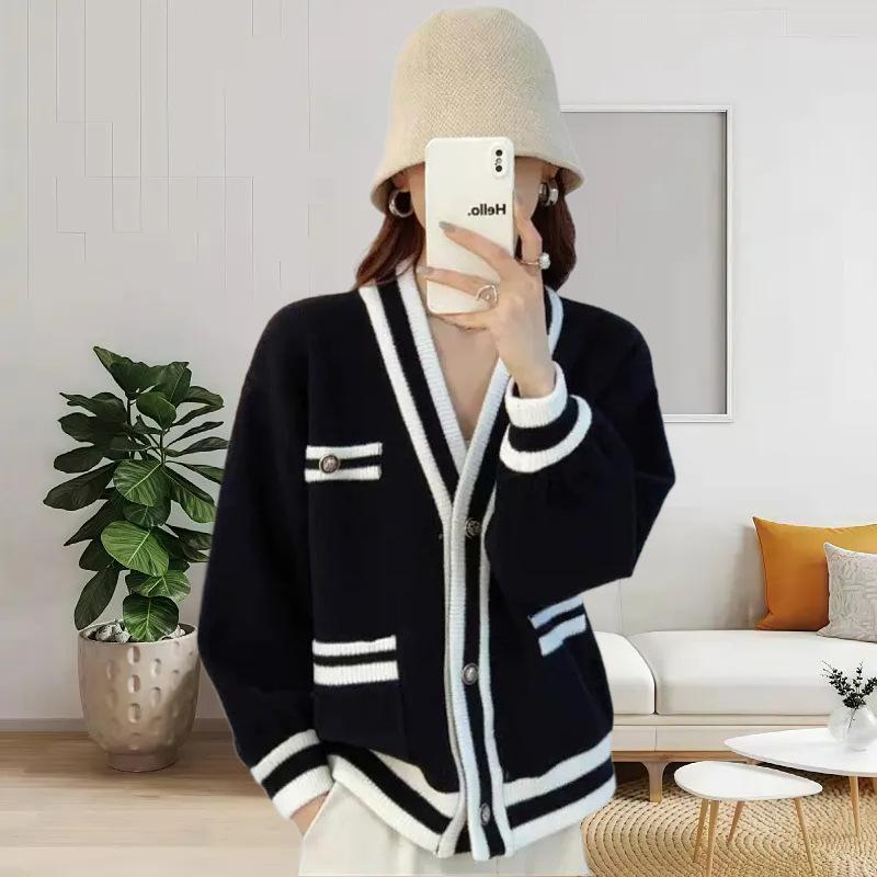 

Small fresh cardigan sweater short jacket women s loose and versatile knitted jacket color matching top one size fits all чёрный