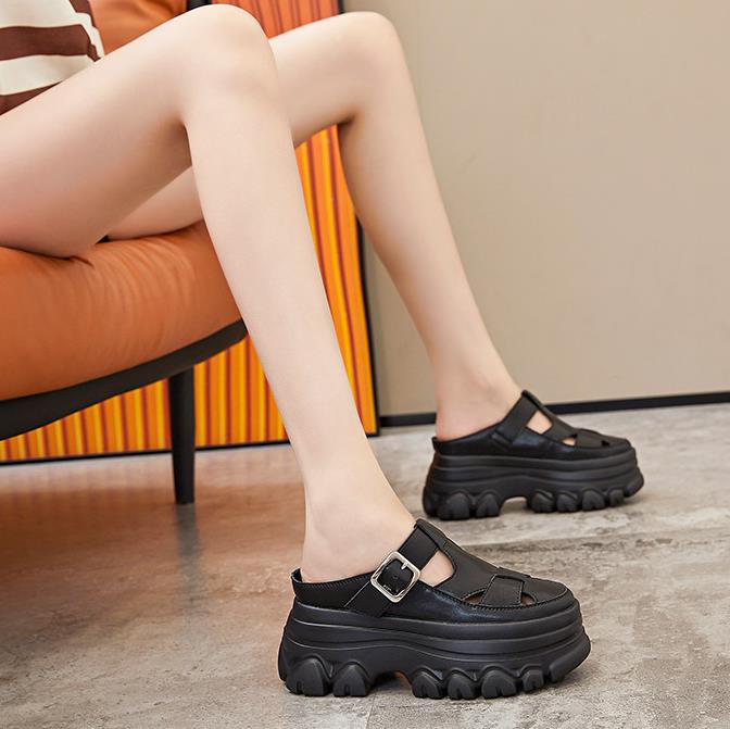 Fashion 9CM Hollow Genuine Leather Women Slippers Platform Shoes Wedge Sandals White Sneakers Women Slip On Slides Mules Summer