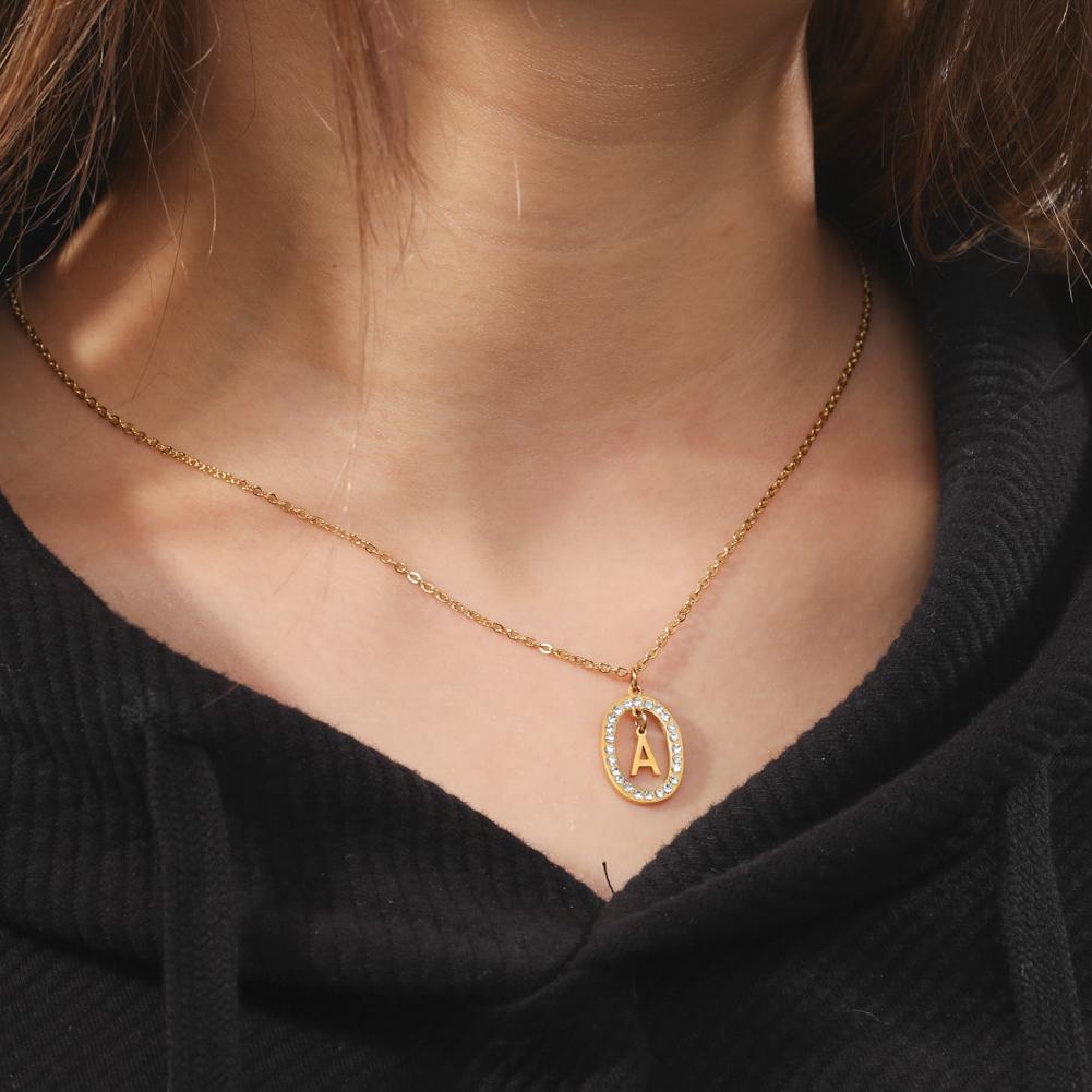 Stainless steel white oval crystal necklace 26 letters A-Z zircon women's sweater chain friend gift