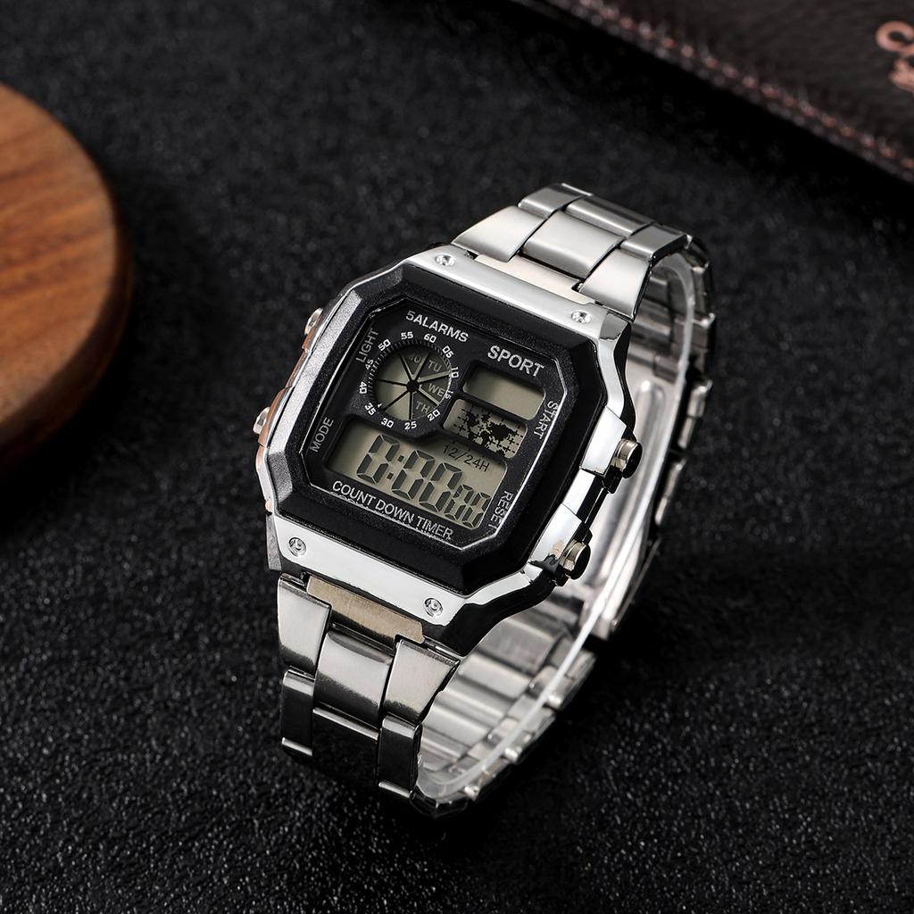 LED Luminous Student Electronic Watch, Square-shaped Watch With Steel Band, Men's Electronic Watch