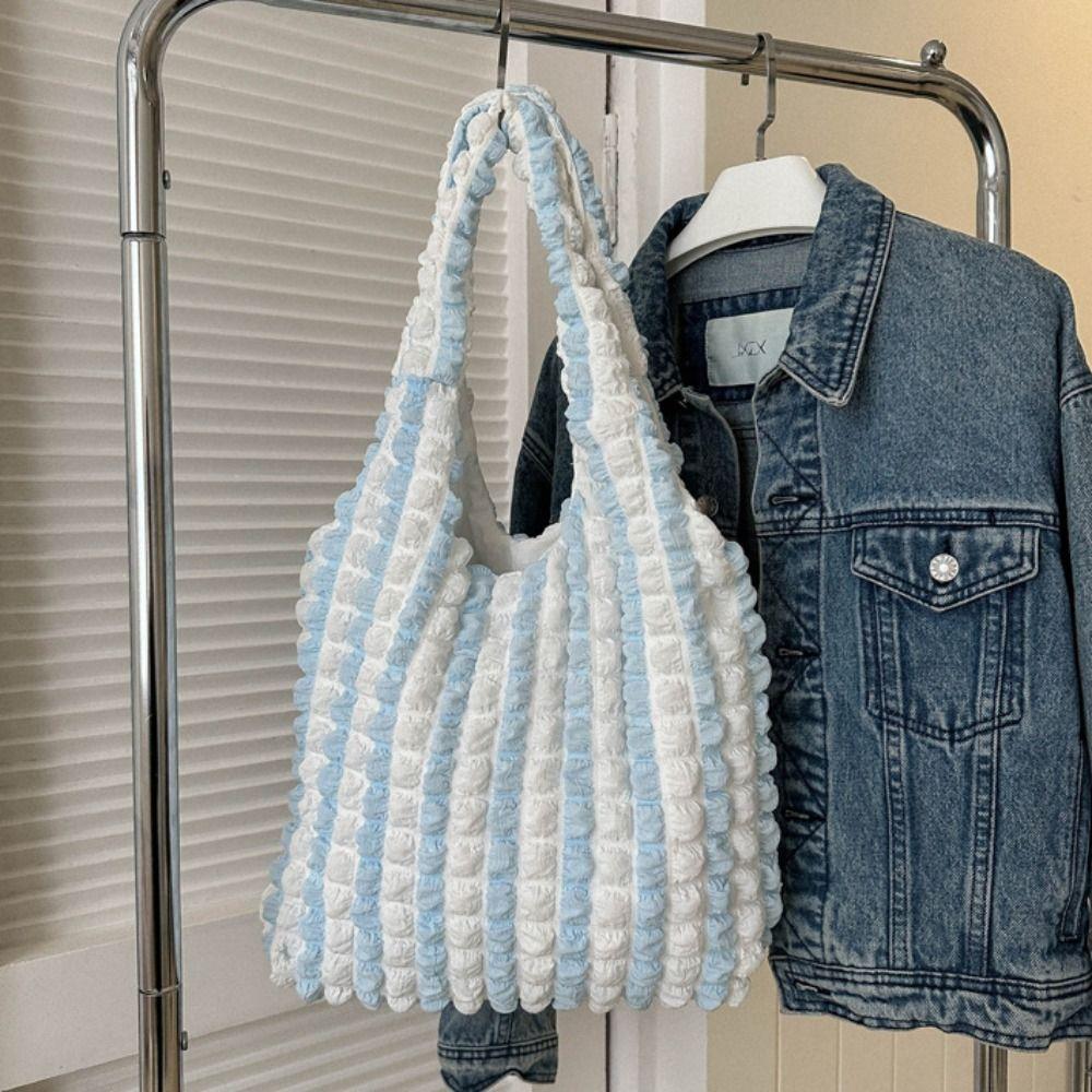 Solid Color Plaid Crossbody Bag Korean Style Pleated Tote Bag Cute Cloud Bubble Shoulder Bag Girls