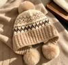 Vintage Fair Island Jacquard Ear Protector Wool Hat Women's Autumn and Winter Fleece Thickened Warm Three Hair Ball Knitted Hat Lei Feng