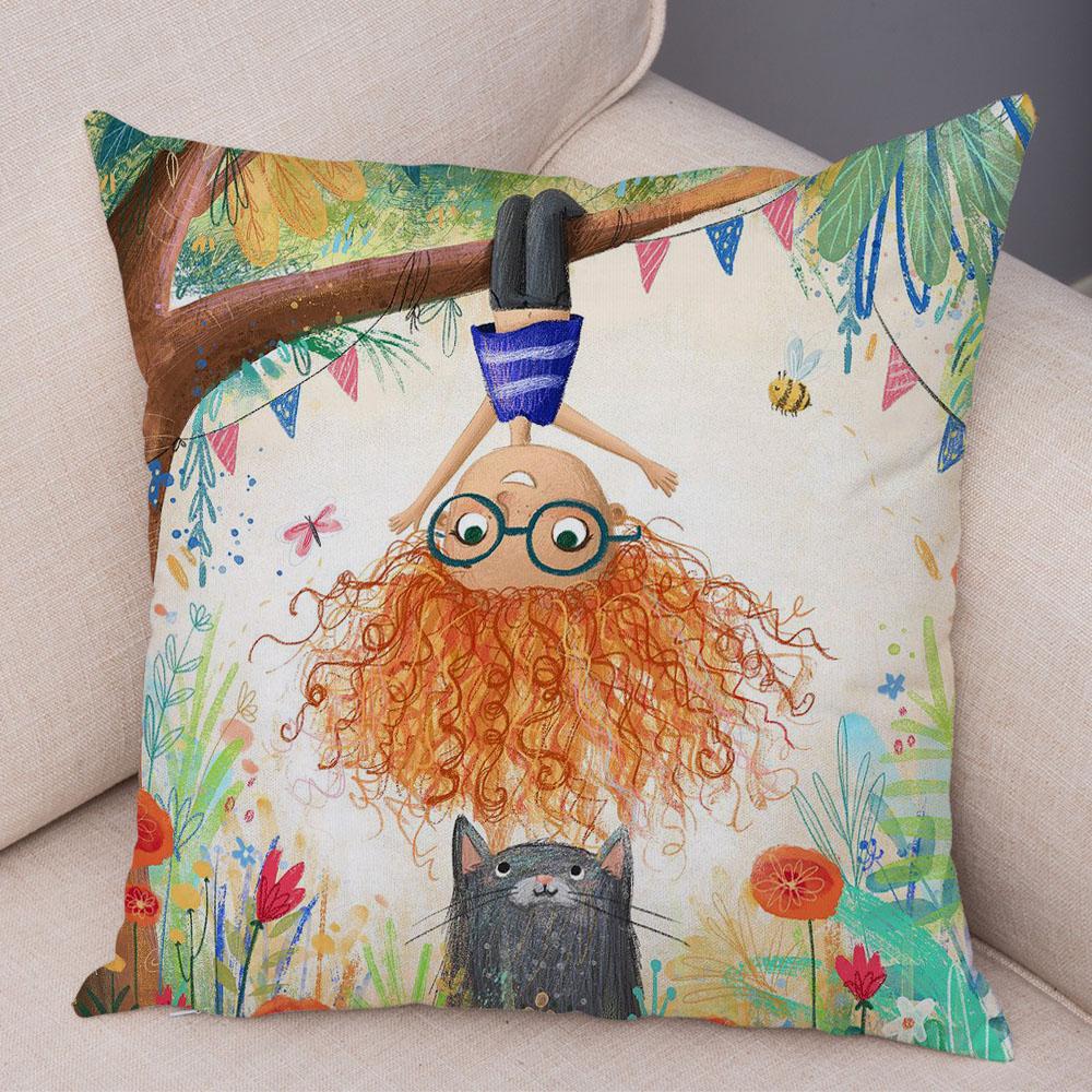 Super Soft Plush Pillow Case for Sofa Home Watercolor Cartoon Girl Cushion Cover Decor Fairy Tale World Lovely Child Pillowcase