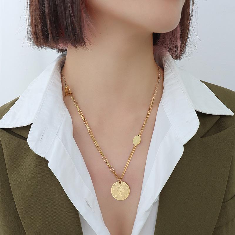 

Французский стиль сращивания цепи портрет круглый бренд ожерелье хип-хоп Ot пряжка дизайн титановая сталь покрытая 18K золото ювелирные изделия P092