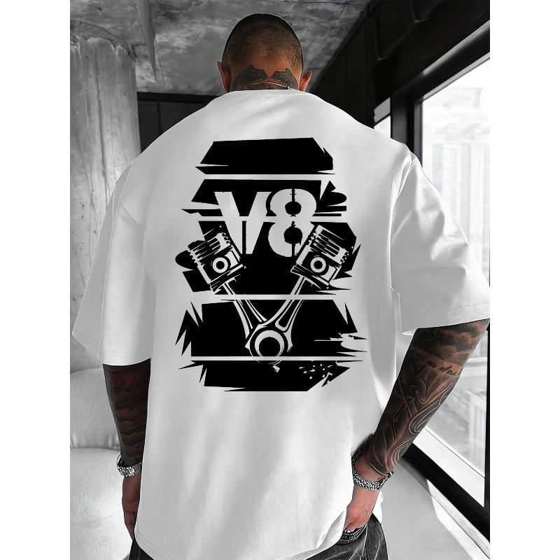 Men's New Cotton Short-Sleeve T-Shirt with V8 Engine Print, Trendy and Fashionable Crew Neck Short Sleeve, Casual and Comfortable